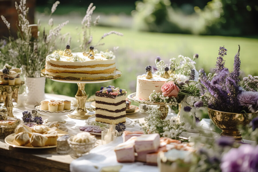 Dessert buffet table, food catering for wedding, party holiday celebration, lavender decor, cakes and desserts in a country garden, post-processed, generative ai